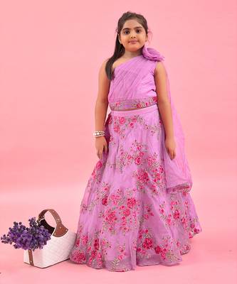 Lilac Pleated Rose Drape Top And Floral Embroidered Lehenga 1