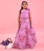 Lilac Pleated Rose Drape Top And Floral Embroidered Lehenga