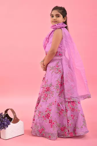 Lilac Pleated Rose Drape Top And Floral Embroidered Lehenga