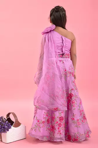 Lilac Pleated Rose Drape Top And Floral Embroidered Lehenga