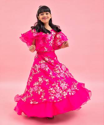 Rani Pink Stylish Frilly Sleeves Embroidered Top And Layered Lehenga 1