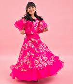 Rani Pink Stylish Frilly Sleeves Embroidered Top And Layered Lehenga
