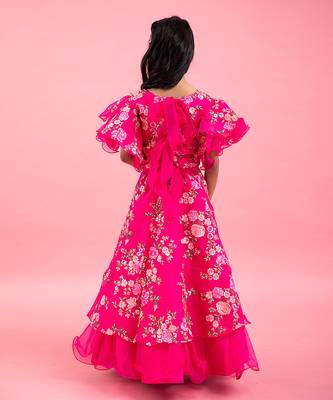 Rani Pink Stylish Frilly Sleeves Embroidered Top And Layered Lehenga 2