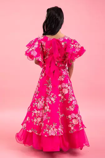 Rani Pink Stylish Frilly Sleeves Embroidered Top And Layered Lehenga