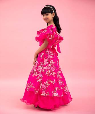 Rani Pink Stylish Frilly Sleeves Embroidered Top And Layered Lehenga 3