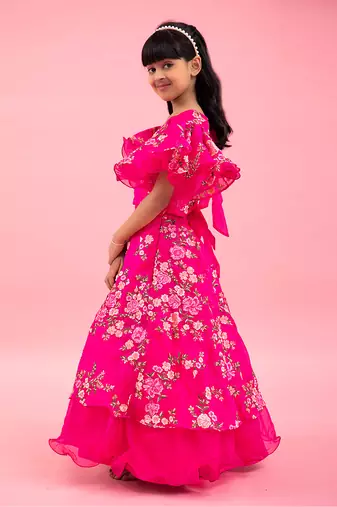 Rani Pink Stylish Frilly Sleeves Embroidered Top And Layered Lehenga