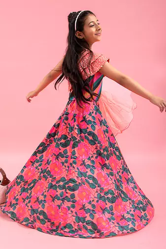 Layered Cape With Crop Top With Floral Lahenga