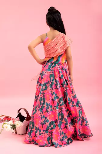 Layered Cape With Crop Top With Floral Lahenga