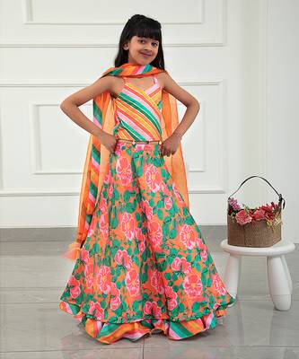 Colourful Striped V Neck Top And Floral Orange Lehenga With Matching Dupatta 1