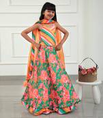 Colourful Striped V Neck Top And Floral Orange Lehenga With Matching Dupatta