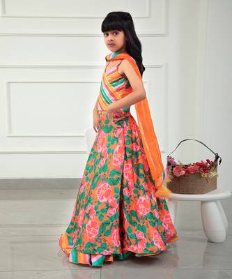 Colourful Striped V Neck Top And Floral Orange Lehenga With Matching Dupatta 2