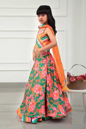 Colourful Striped V Neck Top And Floral Orange Lehenga With Matching Dupatta