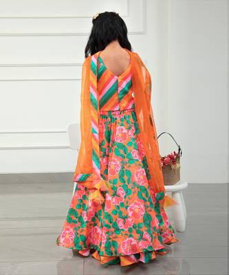 Colourful Striped V Neck Top And Floral Orange Lehenga With Matching Dupatta 3