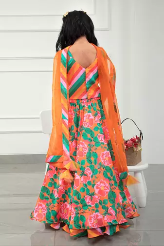 Colourful Striped V Neck Top And Floral Orange Lehenga With Matching Dupatta