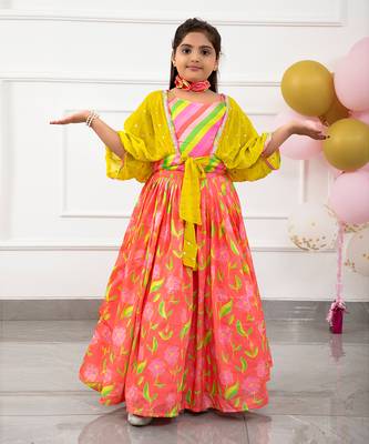 Diagonal Striped Colourful Top With Pleated Tie Up Stylish Jacket And Salmon Pink Floral Lehenga 1
