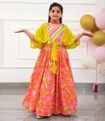 Diagonal Striped Colourful Top With Pleated Tie Up Stylish Jacket And Salmon Pink Floral Lehenga