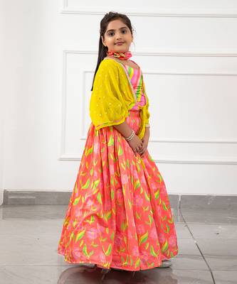 Diagonal Striped Colourful Top With Pleated Tie Up Stylish Jacket And Salmon Pink Floral Lehenga 2