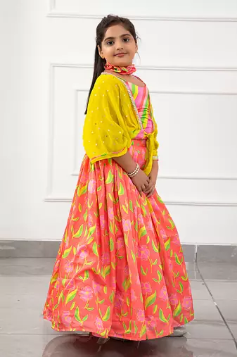 Diagonal Striped Colourful Top With Pleated Tie Up Stylish Jacket And Salmon Pink Floral Lehenga
