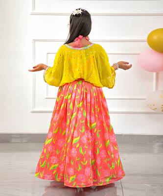 Diagonal Striped Colourful Top With Pleated Tie Up Stylish Jacket And Salmon Pink Floral Lehenga 3