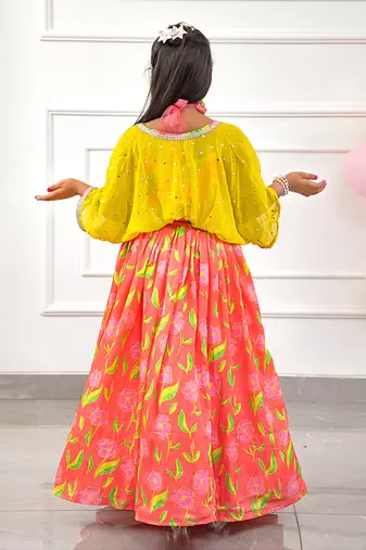 Diagonal Striped Colourful Top With Pleated Tie Up Stylish Jacket And Salmon Pink Floral Lehenga