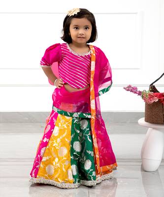 Glorious Rani Pink Gota Lace Work Top And Multicolour Brocade Lehenga With Matching Dupatta 1