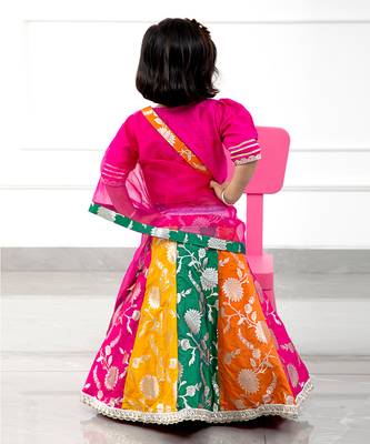 Glorious Rani Pink Gota Lace Work Top And Multicolour Brocade Lehenga With Matching Dupatta 2