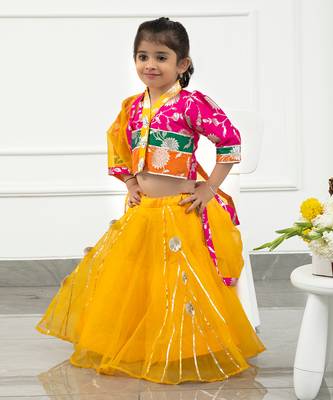 Beautiful Floral Brocade Embroidered Front Open Multicolour Top And Yellow Flared Organza Lehenga With Matching Dupatta 1
