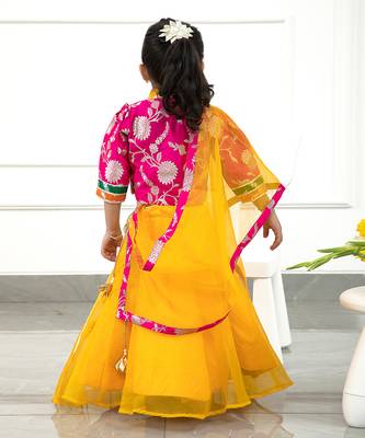Beautiful Floral Brocade Embroidered Front Open Multicolour Top And Yellow Flared Organza Lehenga With Matching Dupatta 2