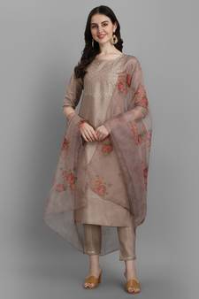 Beige embroidered silk blend Kurta Pant With Dupatta