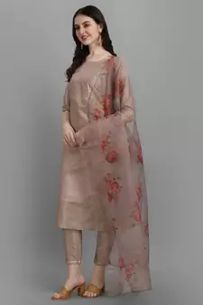 Beige embroidered silk blend Kurta Pant With Dupatta