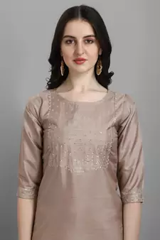 Beige embroidered silk blend Kurta Pant With Dupatta