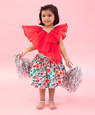 Red Layered Organza Top With Flower Print Skirt 1