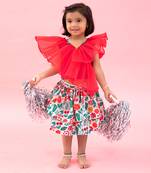 Red Layered Organza Top With Flower Print Skirt