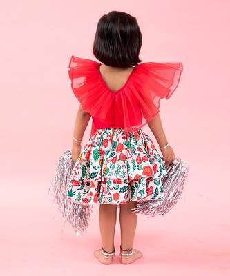 Red Layered Organza Top With Flower Print Skirt 2