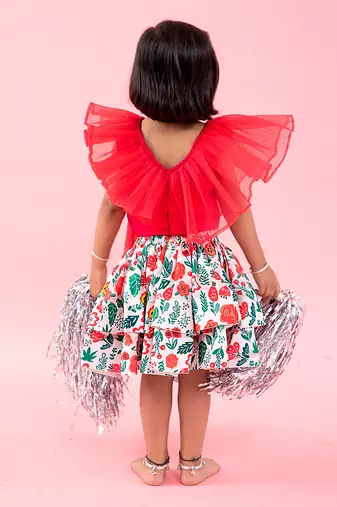 Red Layered Organza Top With Flower Print Skirt