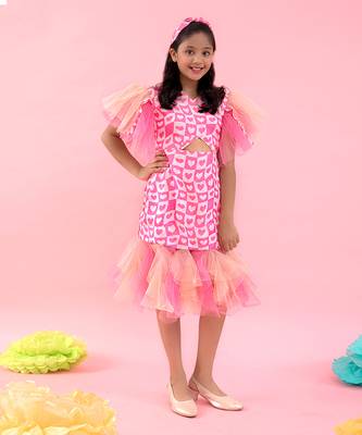 Heart Print Dress With Frilled Detailing At Hem And Sleeves 1