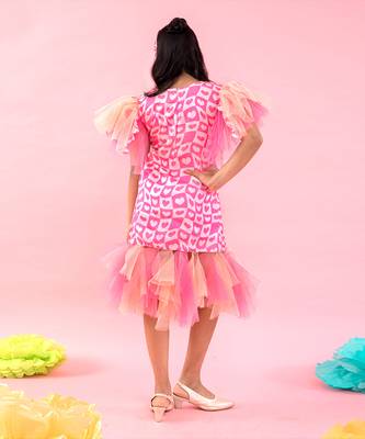 Heart Print Dress With Frilled Detailing At Hem And Sleeves 2