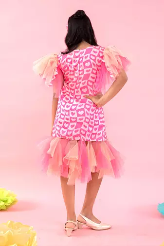 Heart Print Dress With Frilled Detailing At Hem And Sleeves
