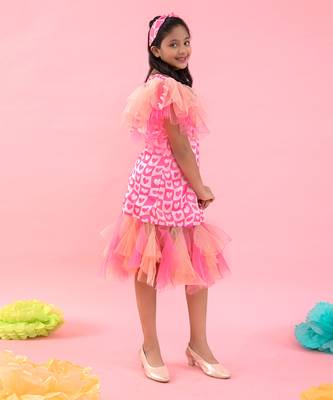 Heart Print Dress With Frilled Detailing At Hem And Sleeves 3