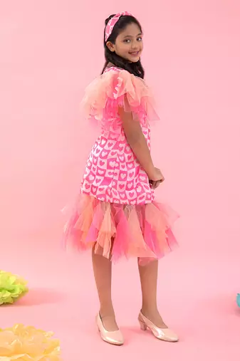 Heart Print Dress With Frilled Detailing At Hem And Sleeves