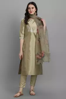 Yellow embroidered chanderi Kurta Pant With Dupatta