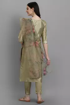 Yellow embroidered chanderi Kurta Pant With Dupatta