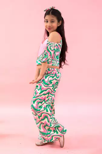 Heart Shape Crop Top With Wavy Print Pants