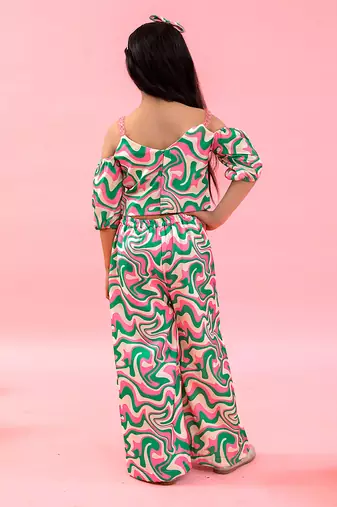 Heart Shape Crop Top With Wavy Print Pants