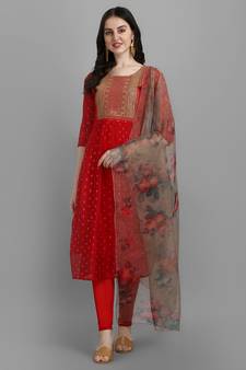 Red embroidered chanderi Kurta Pant With Dupatta