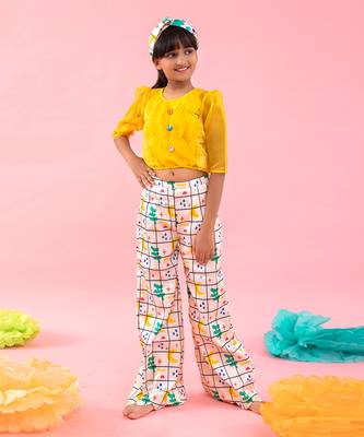 Stylish Scalaped Yellow Organza Top With Multicolour Pants 1