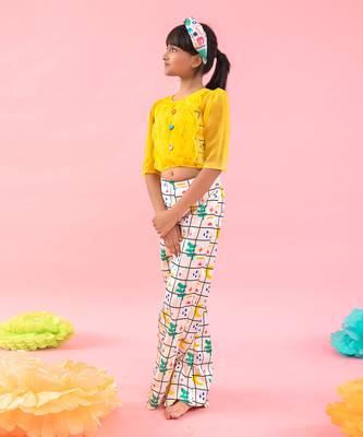Stylish Scalaped Yellow Organza Top With Multicolour Pants 2