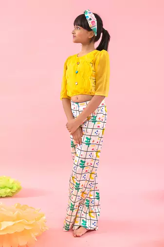 Stylish Scalaped Yellow Organza Top With Multicolour Pants