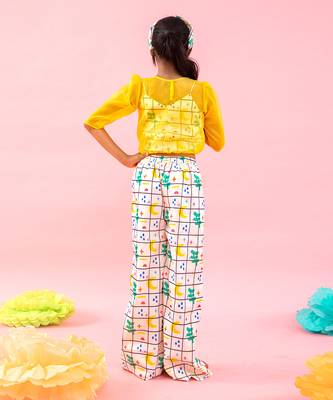 Stylish Scalaped Yellow Organza Top With Multicolour Pants 3