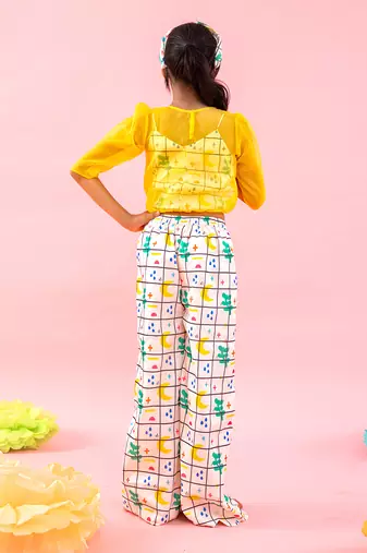 Stylish Scalaped Yellow Organza Top With Multicolour Pants